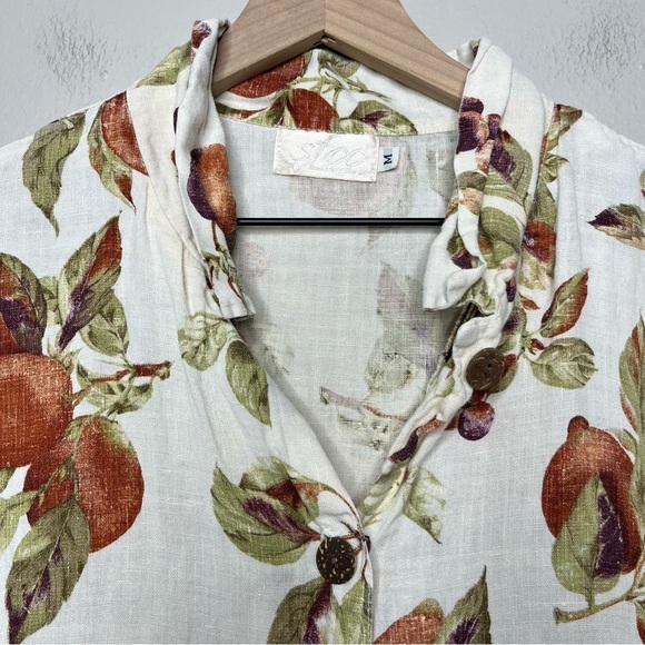 SFCC Women 100% Linen Top Medium White Peaches Novelty Button Down Coastal Tunic - Picture 7 of 8